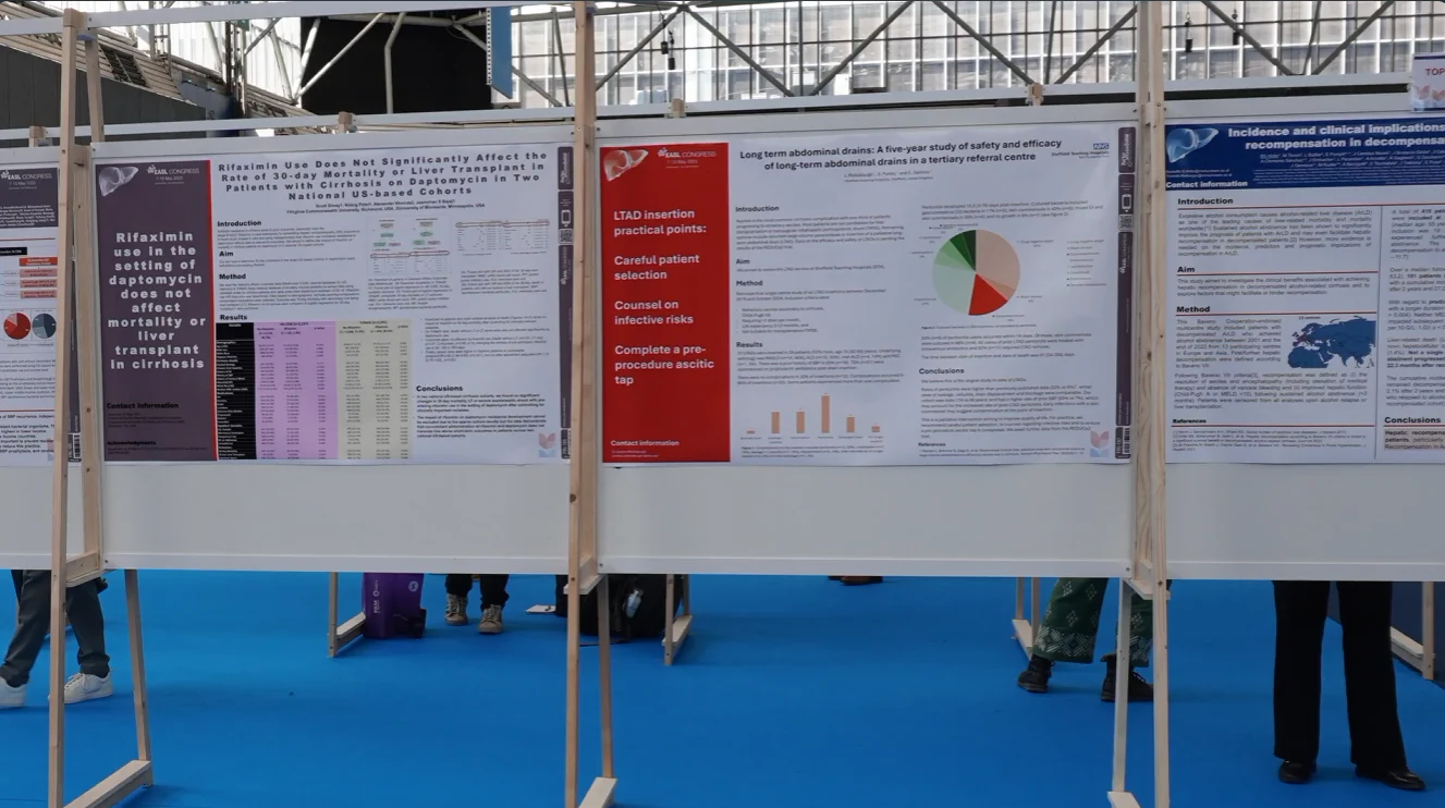 A row of posters at the EASL congress, two of them in the #BetterPoster layout with the main finding in large type.