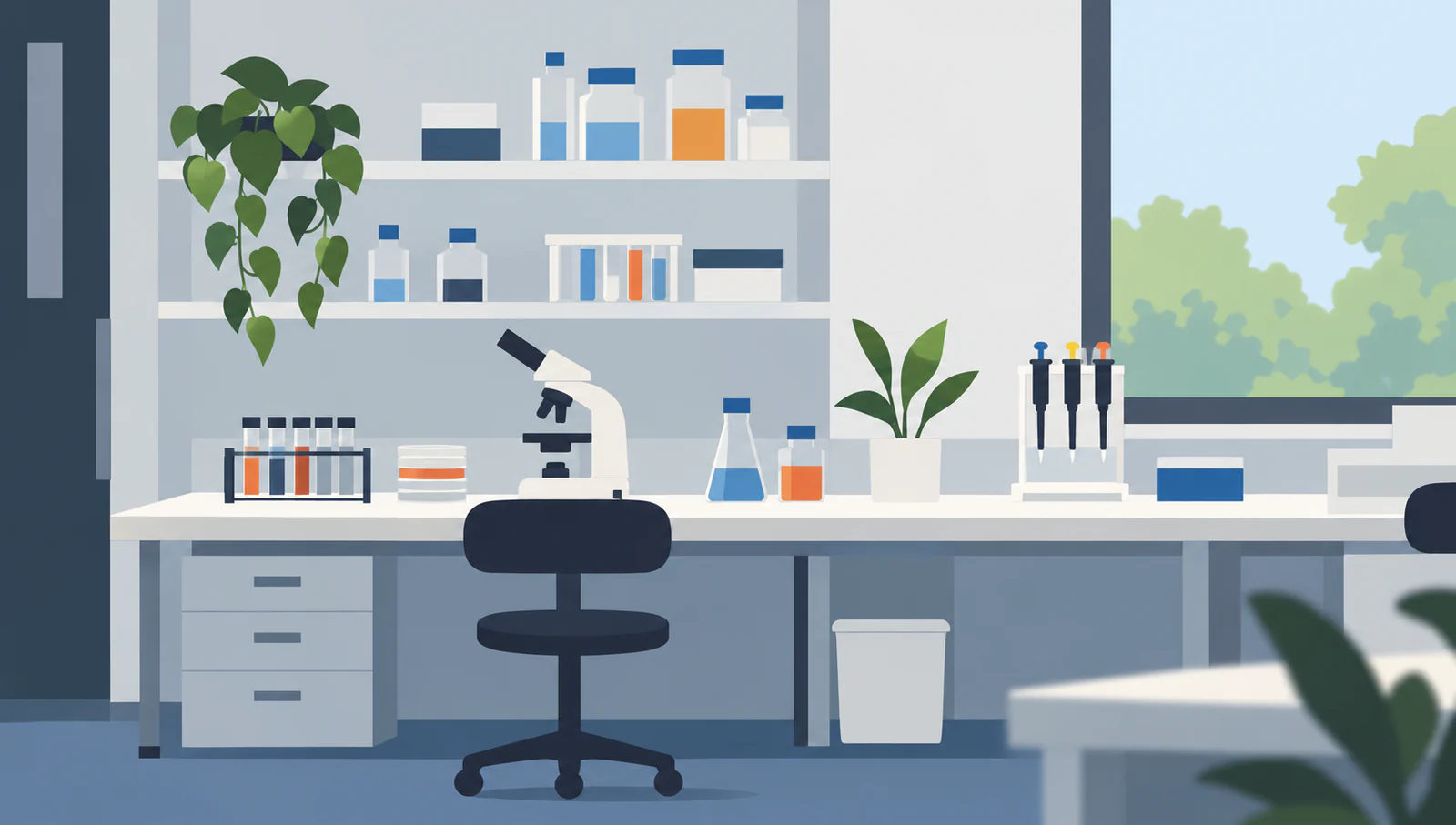 An illustration of a bright, well-equipped lab bench waiting for its team.
