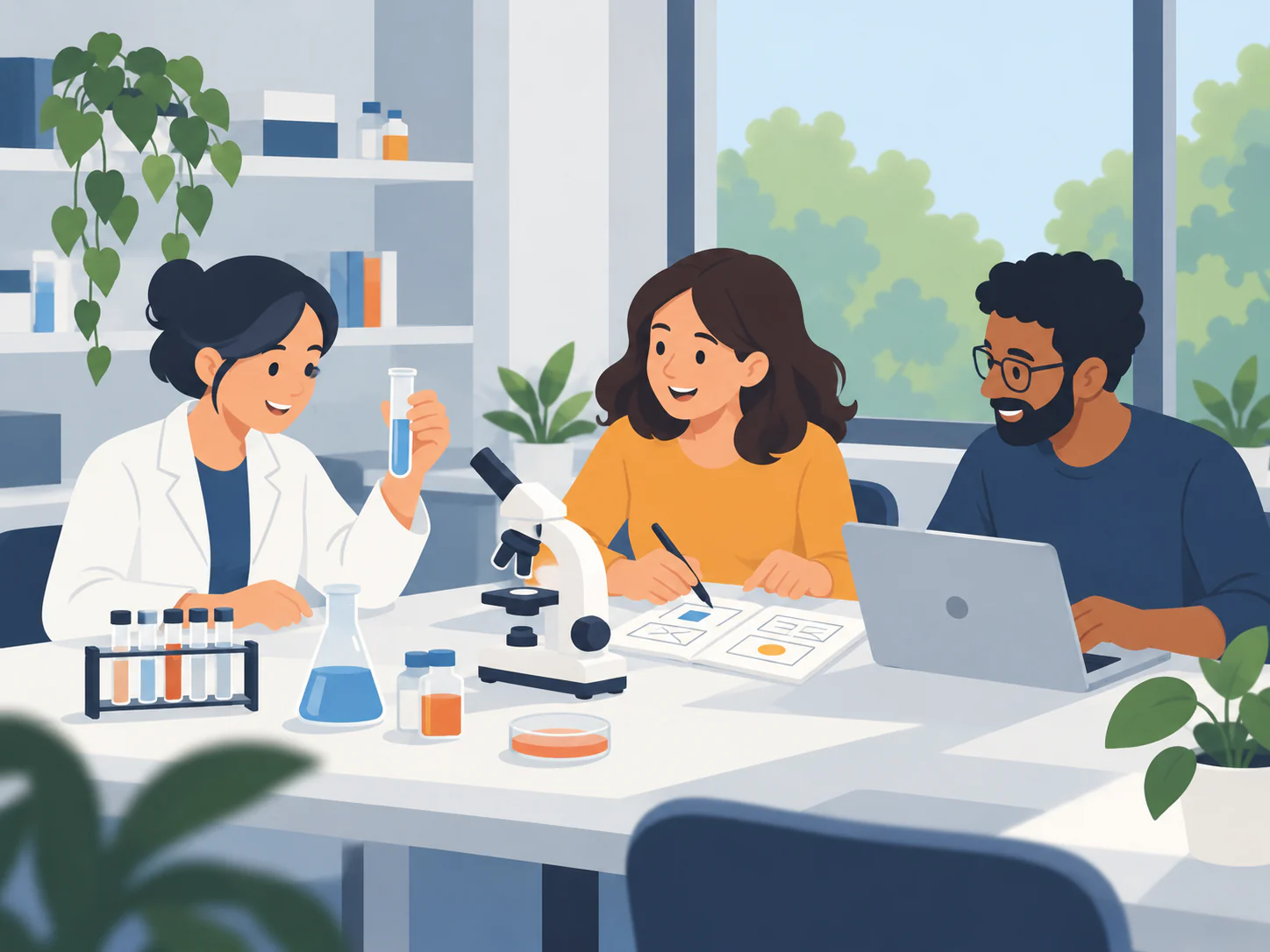 An illustration of a scientist, a designer and a developer working together at a lab bench.