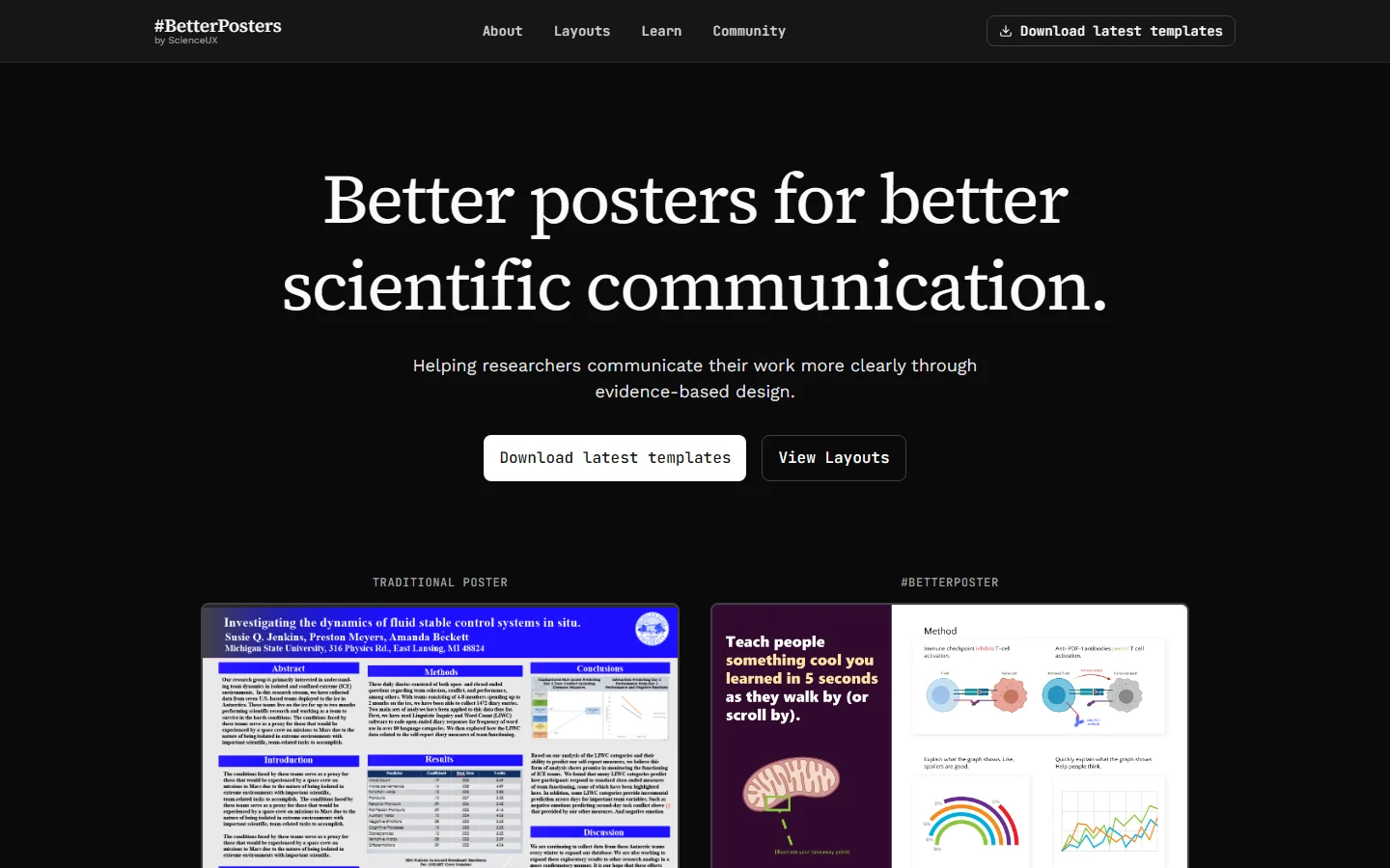 The #BetterPosters home page: “Better posters for better scientific communication” above a traditional poster and a #betterposter side by side.