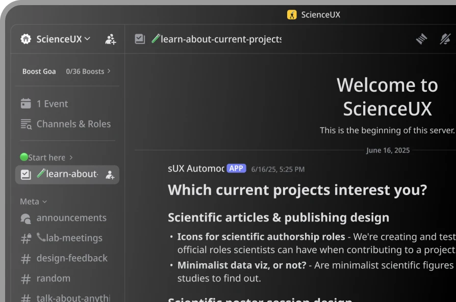 The ScienceUX Discord server: a channel sidebar beside a welcome post listing the projects members can join.